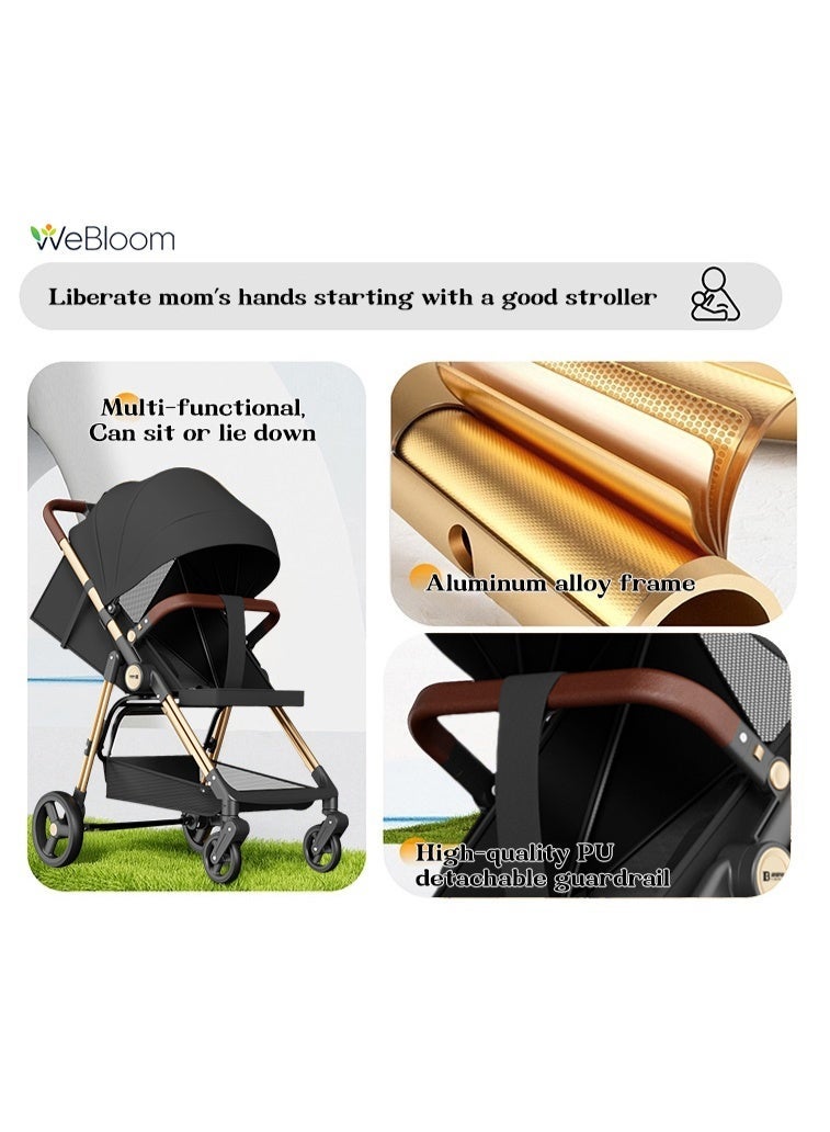 WeBloom 2 In 1 Sit & Lie Down Dual Mode Foldable Baby Stroller|Lightweight Aluminum Frame|Excellent 360° Shock-Absorbing Wheels|One-Touch Folding|Enlarged Cabin With Adjustable Backrest|Enlarged UV50+ Protection Cannopy|5-Point Safety Harness|Extra Storage Basket|Detachable Cushion + Guardrail|Large Size Breathable Travel Stroller|For 6-36 Months Baby|Black - Image 4